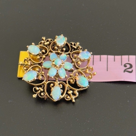 Vintage 14K Yellow Gold Opal Flower Heart Filigree Scroll Pendant Brooch Pin - Picture 8 of 10